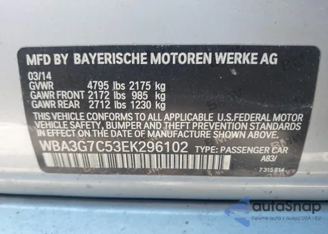 2014 BMW 328I xDrive from USA, damaged, VIN WBA3G7C53EK296102